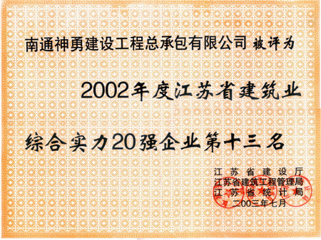 2002年度江苏省建筑业综合实力第13名