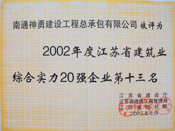 2003年度江苏省建筑业综合实力20强企业第十三名